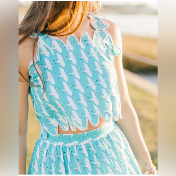 Victoria Dunn Lupine Scalloped Cotton Crane Print Top Skirt Set Sz XS RARE - Picture 2 of 15